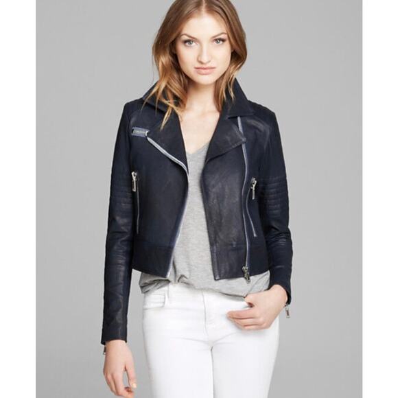 NWOT J Brand Ready-To-Wear 'Aiah' Leather Crop Jacket Navy Blue $1195 Size Small